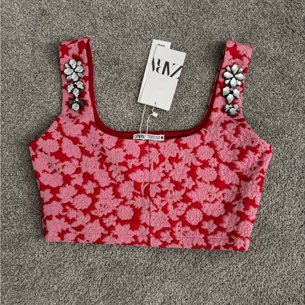 Zara Red Floral Embellished Tank Top